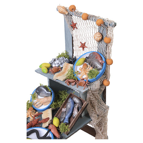Banco pescheria in legno con pesci in terracotta 25x10x15 cm presepe napoletano 18-20 cm 7