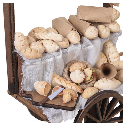 Carrinho de pães em madeira com pães sortidos 27x27x11 cm presépio napolitano 18-20 cm 4