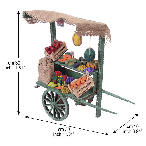 Carretto ortofrutta in legno con copertura a righe 30x30x10 cm presepe napoletano 18-20 cm 3
