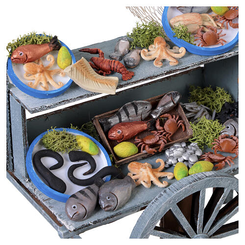 Carretto pescheria in legno con rete e pesci 30x30x10 cm presepe napoletano 18-20 cm 4