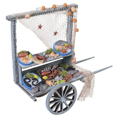 Carretto pescheria in legno con rete e pesci 30x30x10 cm presepe napoletano 18-20 cm 5
