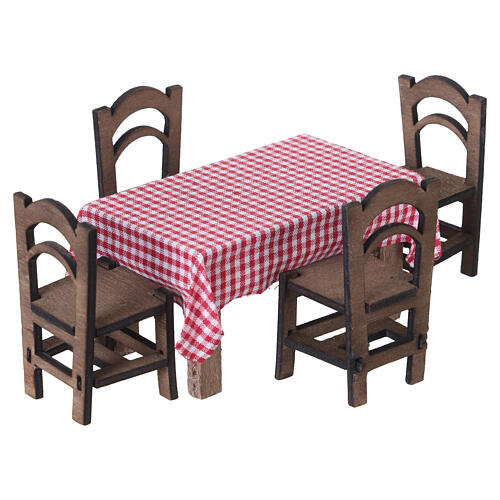 Set mit Tisch, Baumwolltischdecke und 4 Holzstühlen 4x7,5x4,5 cm für neapolitanische Krippe mit 8 cm Figuren 4