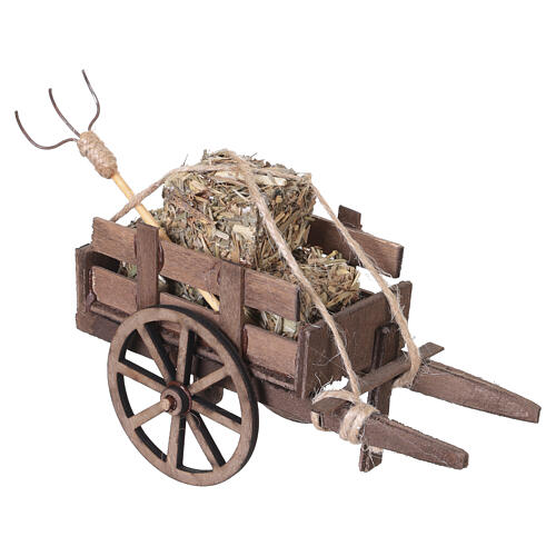Carro con balle di fieno e forcone in legno 10x10x5 cm presepe napoletano 10 cm 3
