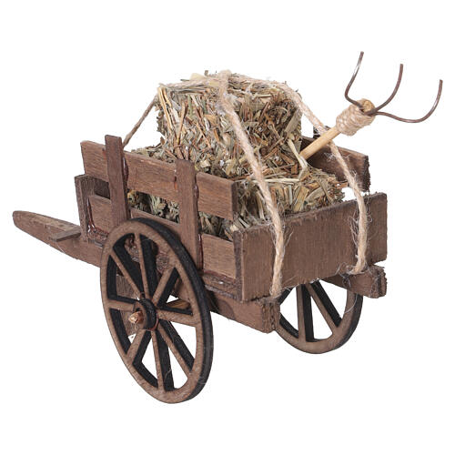 Carro con balle di fieno e forcone in legno 10x10x5 cm presepe napoletano 10 cm 4