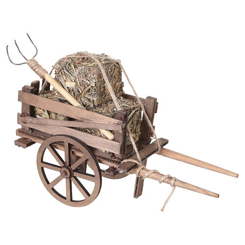 Charrette rustique en bois avec foin et fourche 12x20x6,5 cm crèche napolitaine 12 cm 3
