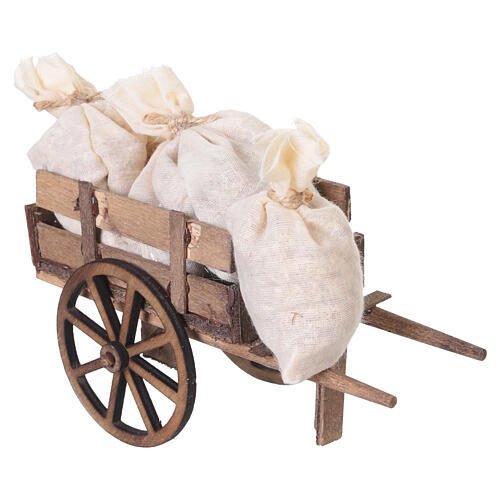 Wooden cart with fabric sacks for 10 cm Neapolitan Nativity Scene, 10x12x5 cm 3