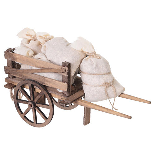 Rustic wooden cart with fabric sacks, 10x17x6 cm, Neapolitan Nativity Scene of 12 cm 3
