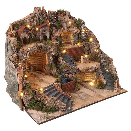 Village with donkey, mill and grindstone for Neapolitan Nativity Scene of 8-10 cm, 47x60x40 cm 4