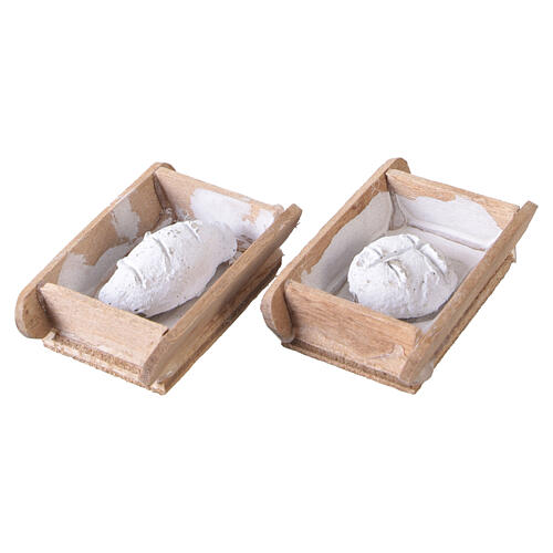 Pair of small bread trays with white loaves 1x3x3 cm Neapolitan nativity 8-10 cm 5