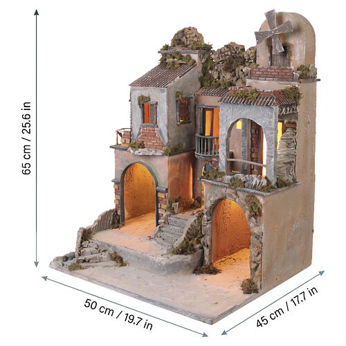 Mill and houses setting for 12 cm Neapolitan Nativity Scene, 65x50x45 cm, 18th-century style 2