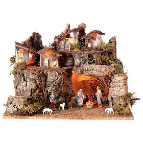 Villaggio montagna con statuine illuminato 40x30x25 cm presepe Moranduzzo 6-8 cm