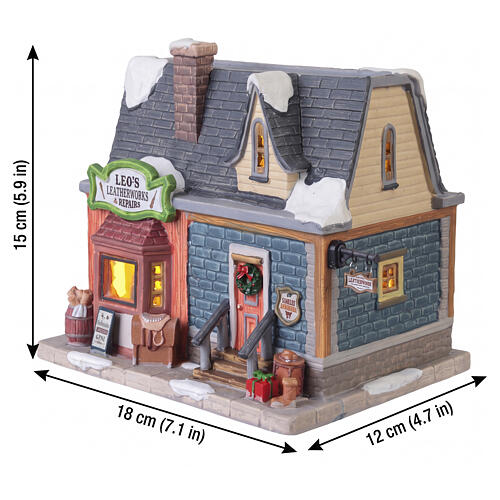 Leo's Leatherworks & Repairs edificio illuminato Lemax Vail Village 15x18x12 cm - 55328 3
