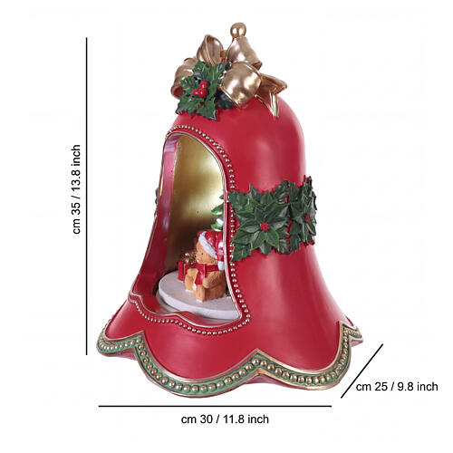 Campana natalizia in resina rossa con luci musica e movimento 35x30x25 cm 3