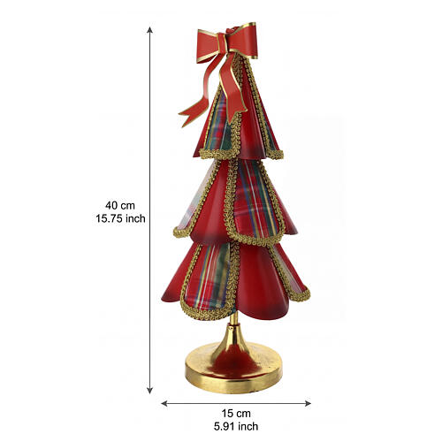 Árbol de Navidad de metal rojo tartán con moño 40x15 cm 3