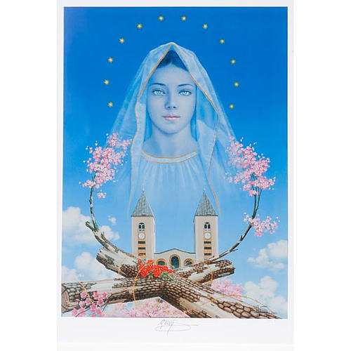 Lithography print, Our Lady of Medjugorje, church flowers 1