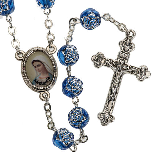 Medjugorje rosary with blue PVC roses and metal 1