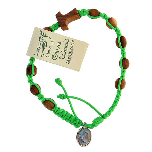 Medjugorje bracelet tau cross, olive wood grains and green cord 1