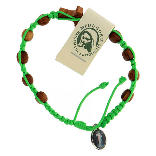 Medjugorje bracelet tau cross, olive wood grains and green cord 2