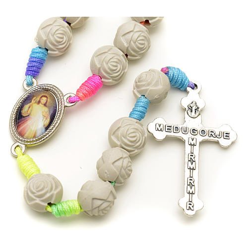 Medjugorje rosary with PVC roses and multicoloured cord 2