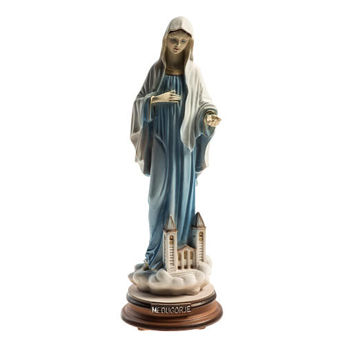 Estatua azul Reina de la Paz con iglesia Medjugorje 21 cm 1