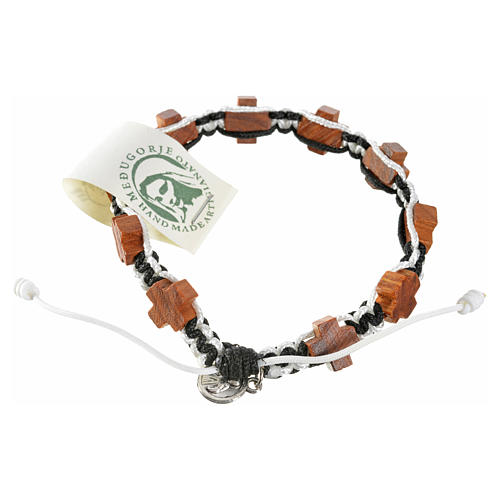 Medjugorje bracelet black white cord, crosses olive wood 1