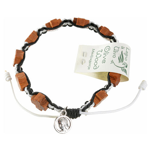 Medjugorje bracelet black white cord, crosses olive wood 2