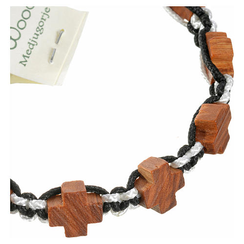 Olive wood crosses Medjugorje bracelet on black white cord 3
