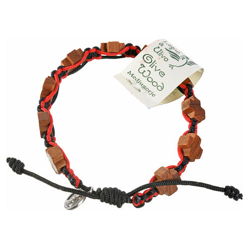 Olive wood crosses Medjugorje bracelet on black red cord 2