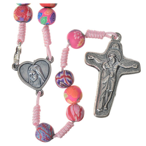 Medjugorje rosary in fimo, floral red cord 1