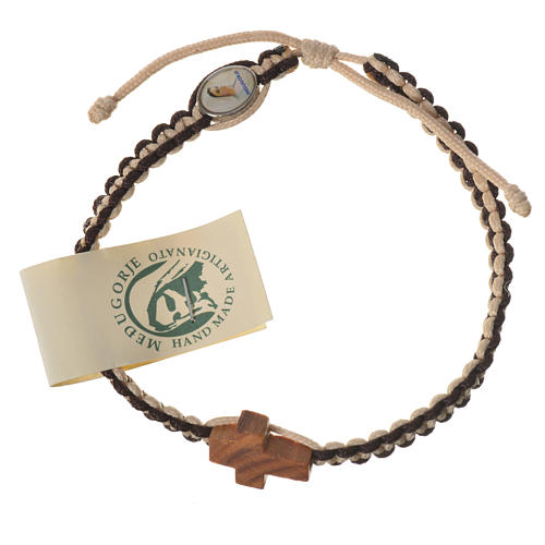 Medjugorje rosary bracelet, white brown cord, olive cross 1