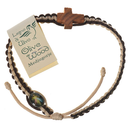 Medjugorje rosary bracelet, white brown cord, olive cross 2