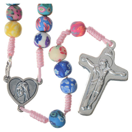 Medjugorje rosary in multicoloured fimo, pink cord 1