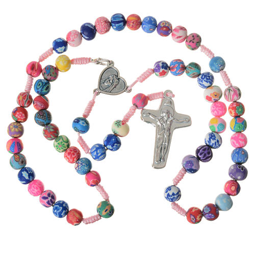 Medjugorje rosary in multicoloured fimo, pink cord 5