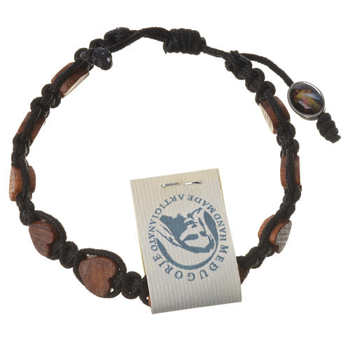 Medjugorje bracelet, black cord and olive heart grains 2