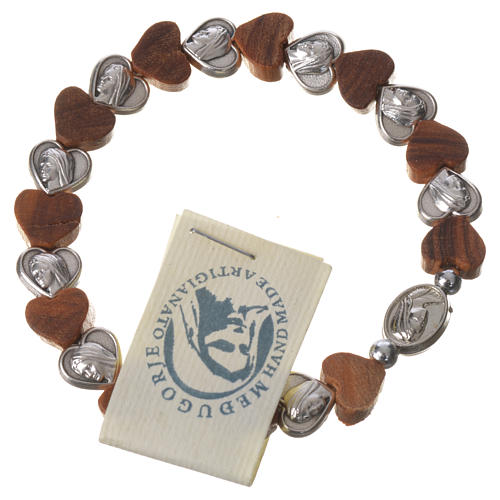 Medjugorje elastic bracelet, olive wood heart grains, metal 1