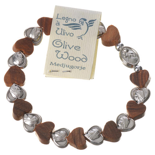 Medjugorje elastic bracelet, olive wood heart grains, metal 2
