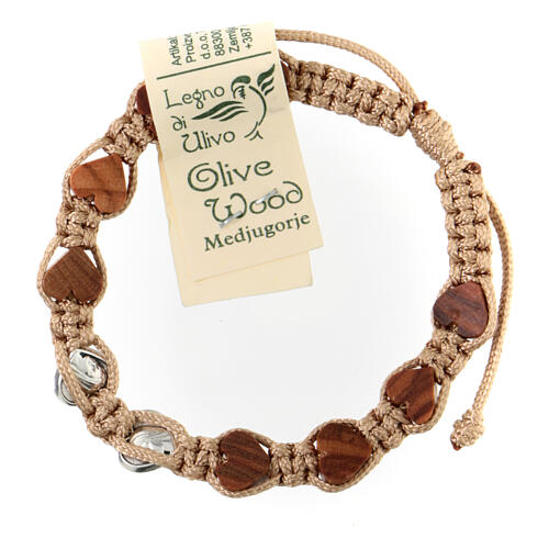 Medjugorje bracelet, olive wood heart grains, beige cord 2