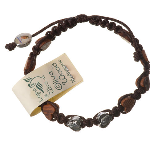 Medjugorje bracelet, heart olive wood grains, brown cord 1