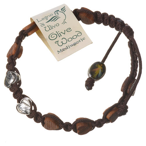 Medjugorje bracelet, heart olive wood grains, brown cord 2