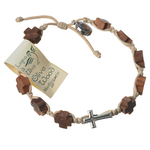Medjugorje bracelet, heart olive wood grains, beige cord 2