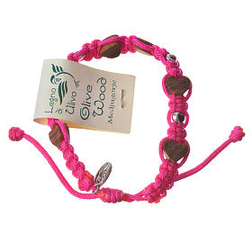 Bracelets, peace chaplets, one-decade rosaries: Medjugorje Bracelet, olive wood hearts fuchsia cord