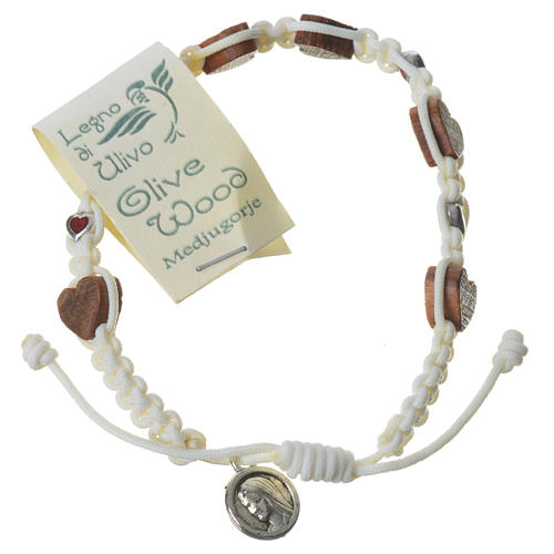 Medjugorje Bracelet, olive wood hearts white cord 1