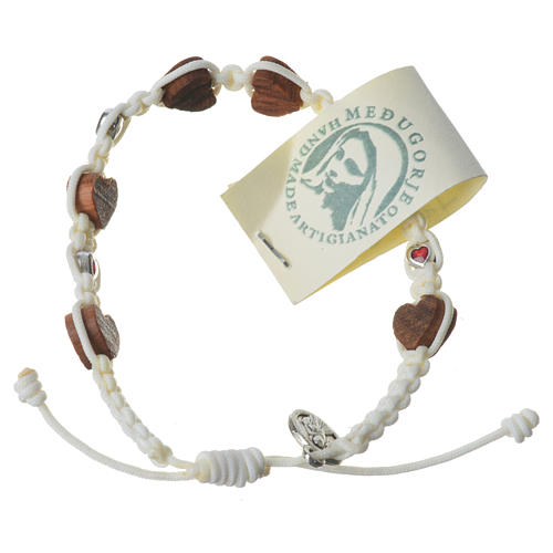 Medjugorje Bracelet, olive wood hearts white cord 2