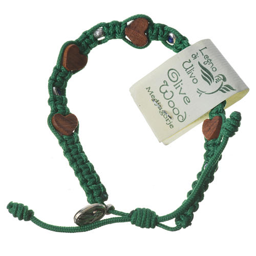 Medjugorje Bracelet, olive wood hearts green cord 1