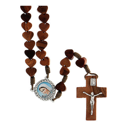 Rosary in Medjugorje olive wood, hearts and cord 1