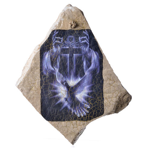 Tableau croix bleue Saint Esprit sur pierre de Medjugorje 1
