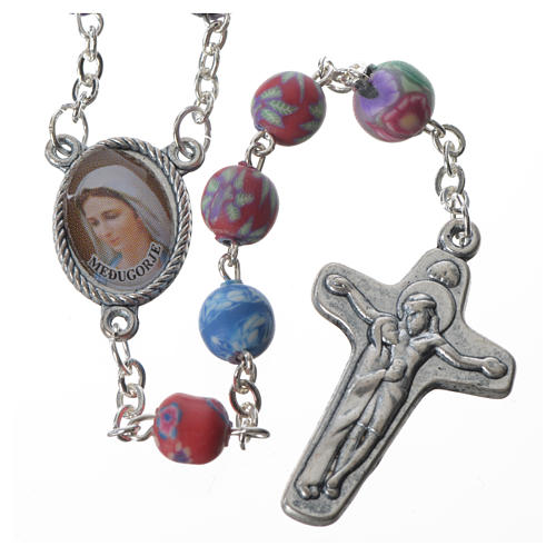 Rosary in multicoloured fimo, 6mm with Medjugorje soil 1