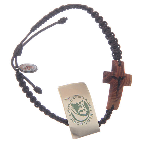 Bracelet with cord and cross in Medjugorje olive wood 1