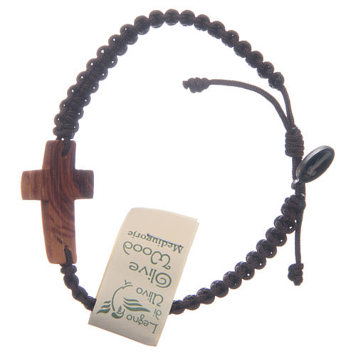 Bracelet with cord and cross in Medjugorje olive wood 2