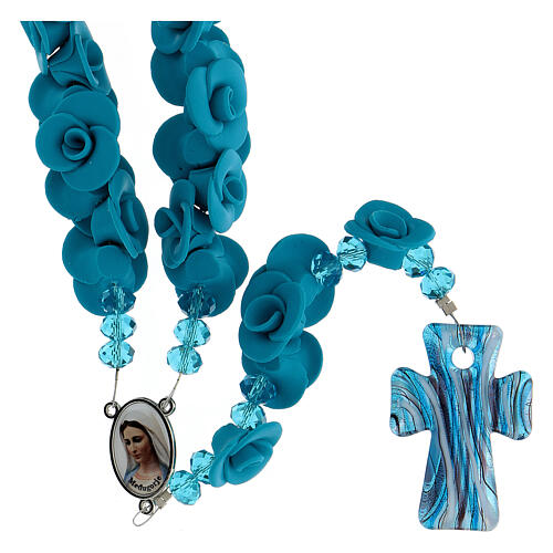 Medjugorje rosary with light blue roses, Murano glass 1